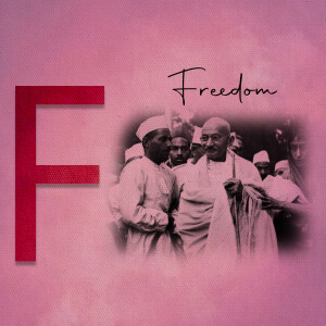 Image depicting the letter 'F' with a faded photograph of Mahatma Gandhi and followers.