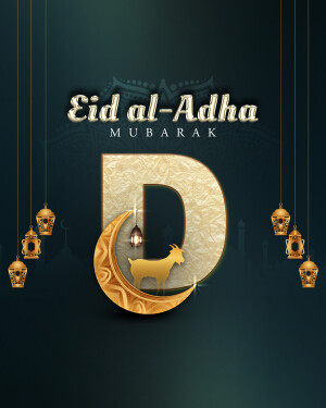 Eid al-Adha Mubarak with golden crescent moon, goat, and lanterns
