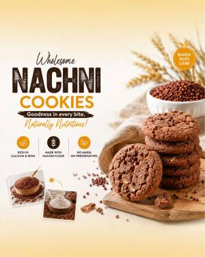 A stack of healthy Nachni finger millet cookies on a wooden board with wheat stalks and millet grains.