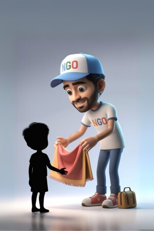 3D rendering of a man offering help to a silhouette of a child.