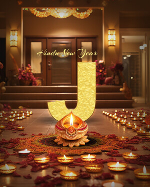 Hindu New Year greeting with a golden 'J' and lit diyas