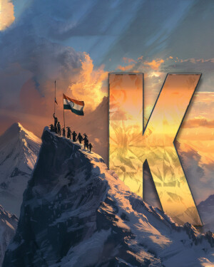 Large letter 'K' superimposed on a mountain landscape with the Indian flag and a group of people.