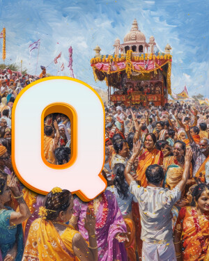 Painting of a vibrant Rath Yatra procession with a large orange letter Q in the foreground.