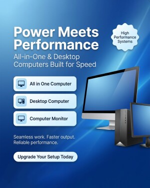 A promotional graphic for high-performance all-in-one and desktop computers against a blue background.