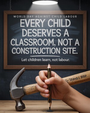 Image depicting a hammer and pencil symbolizing the choice between education and child labor.