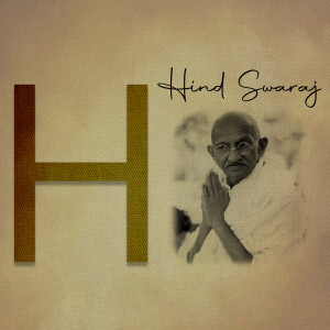 Image depicting Mahatma Gandhi with the text 'Hind Swaraj' and a large letter 'H'