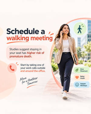A smiling professional woman walking while talking on her phone during an outdoor business meeting.