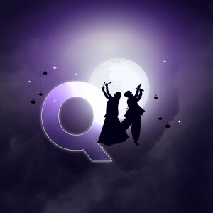 Silhouette of dancers celebrating Navratri in front of a full moon and the letter Q