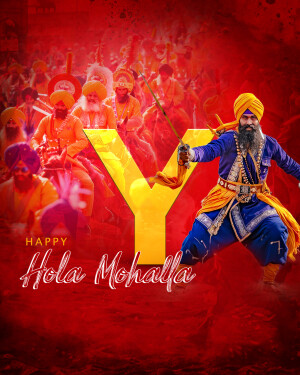 A vibrant poster depicting Sikh warriors celebrating Hola Mohalla with a large golden 'Y' in the foreground.