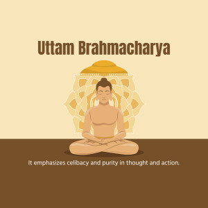 Illustration of a meditating figure with text about Uttam Brahmacharya