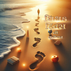 Footprints leading towards a person on a beach with educational items.