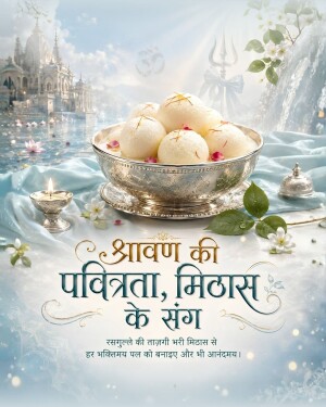 A bowl of fresh rasgulla sweets with Shravan festival themed background including a temple and Shiva symbols.