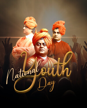 Image commemorating National Youth Day with portraits of Swami Vivekananda and a crowd of raised hands.