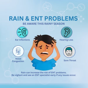 Infographic illustrating common ENT problems during the rainy season, including ear infections, hearing loss, nasal congestion, and sore throat.