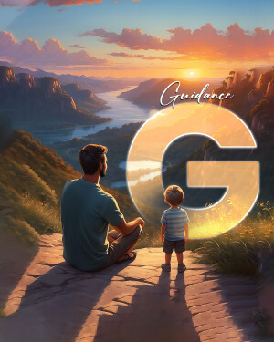Father and son silhouetted against a sunset landscape with a large letter 'G' overlay.
