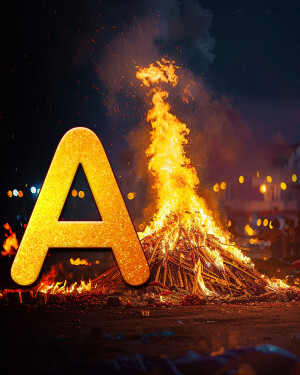 A large, glowing letter 'A' superimposed over a bonfire at night.