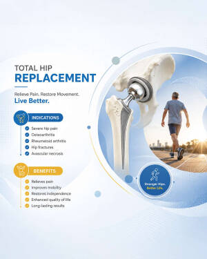 Infographic showing the benefits and indications of total hip replacement surgery with a runner in the background.