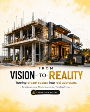 A creative visualization showing a construction site transitioning into a completed luxury modern home with the text From Vision to Reality.