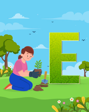 Illustration of a girl planting a seedling next to a large letter E made of leaves.