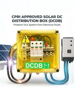CPRI approved DCDB solar distribution box with internal electrical components and safety signage