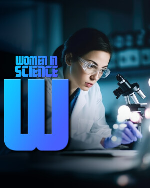 A female scientist working with a microscope in a laboratory setting, with 'Women in Science' text overlay.