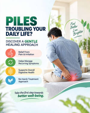 A man sitting on a bed holding his lower back or hip in discomfort, promoting a gentle approach for piles treatment.