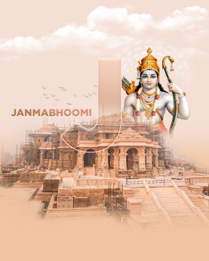 Image of Lord Rama with the Ram Mandir construction in the background