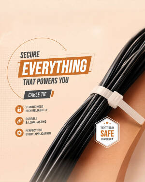A bundle of black electrical cables secured with a white cable tie on a tan background