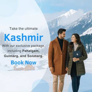Couple enjoying a winter vacation in Kashmir with snow-capped mountains in the background.