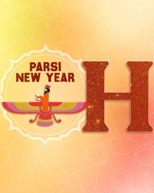 Parsi New Year graphic with a Faravahar symbol and the letter 'H'