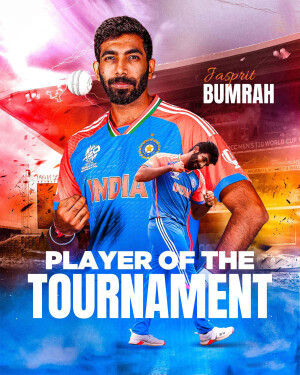 Jasprit Bumrah in Indian cricket jersey with 'Player of the Tournament' text