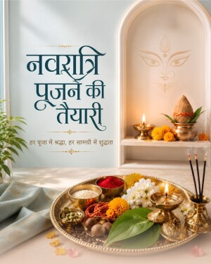 A beautifully arranged puja thali for Navratri preparations with traditional offerings, lamps, and marigold flowers.