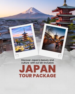Promotional image for a Japan tour package featuring Mount Fuji and traditional temples.