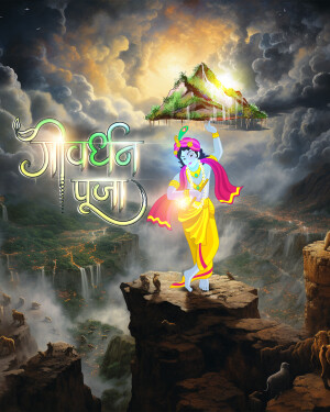 Illustration of Lord Krishna lifting Govardhan Hill