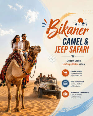 A couple riding a camel in the desert with a Jeep safari in the background during a Bikaner desert trip.