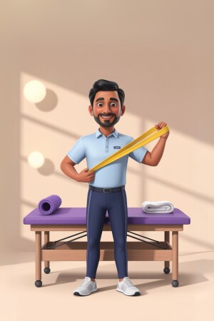 Cartoon illustration of a male physiotherapist demonstrating an exercise with a yellow resistance band.