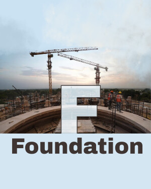 Large letter 'F' superimposed on a construction site with cranes and workers.