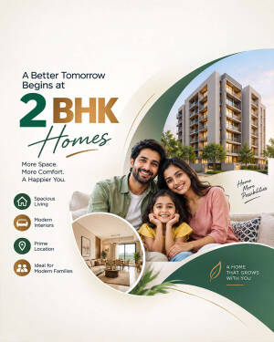 A happy family posing for a 2 BHK apartment advertisement with a building background