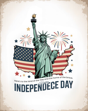 Illustration of the Statue of Liberty with fireworks and a map of the United States