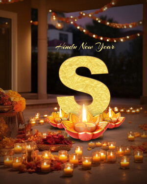 Hindu New Year greeting with golden letter 'S' and lit diyas