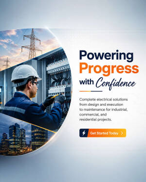 A professional electrician working on electrical panels with a power grid background.