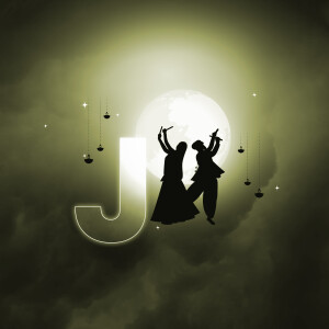 Silhouette of a couple performing a traditional dance in front of a full moon with a large letter J