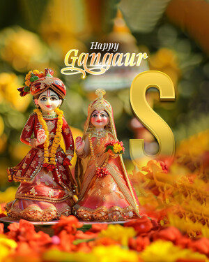 Two traditional Indian dolls celebrating Gangaur festival with a golden 'S' in the background.