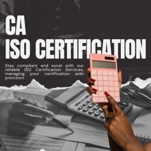 Image promoting ISO Certification services with a calculator and hand pointing to it.