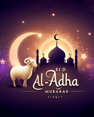 Eid Al-Adha greeting with crescent moon, mosque, and sheep