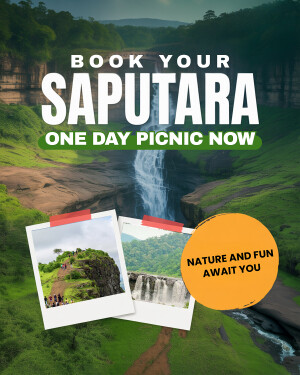 Promotional image for a one-day picnic to Saputara, featuring a waterfall and scenic views.