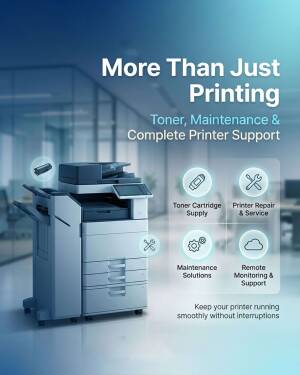 Commercial office multifunction printer with service icons for toner supply, maintenance, repair, and remote monitoring