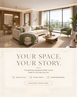A beautifully designed, spacious modern 2 BHK apartment living room with neutral colors, green accents, and large windows.
