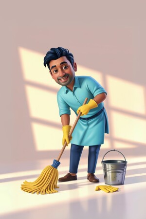 Cartoon illustration of a smiling man cleaning a floor with a mop and bucket.