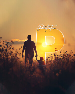 Silhouette of a father and son walking towards a large letter P during sunset